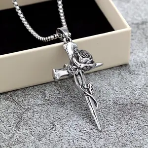 Vintage Rose Cross Pendant Necklace for Men, Stainless Steel Gothic Punk Biker Jewelry, Hypoallergenic, Gift for Him