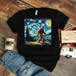 Bigfoot Sasquatch Starry Night Funny Meme Men Women Kids T-Shirt_1