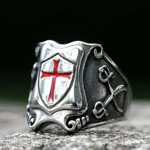 New Men's 316L Stainless Steel Rings Knights Templar Red Cross Ring For Teens Biker Party Jewelry Gift