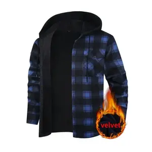 Men's Plaid Flannel Hooded Jacket - Warm Casual Winter Work Shirt with Pockets, Long Sleeves, Velvet Lining, and Collar for Loggers
