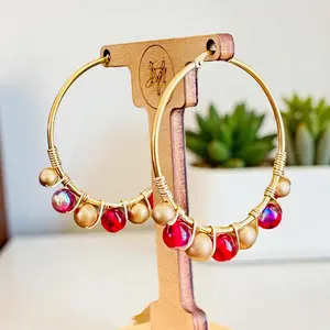 JORA- Red Multicolored Beaded Wire-wrapped Hoop Earringsd Accents for Everyday Wear