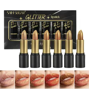 SAM SUGAR 6 Colors/set Diamond Pearlescent Lipstick Glitter Shiny Metallic Lipstick Lip Tint Luxurious Long Lasting Nude Shimmer Shiny Lip Gloss Glitter Lipgloss Makeup
