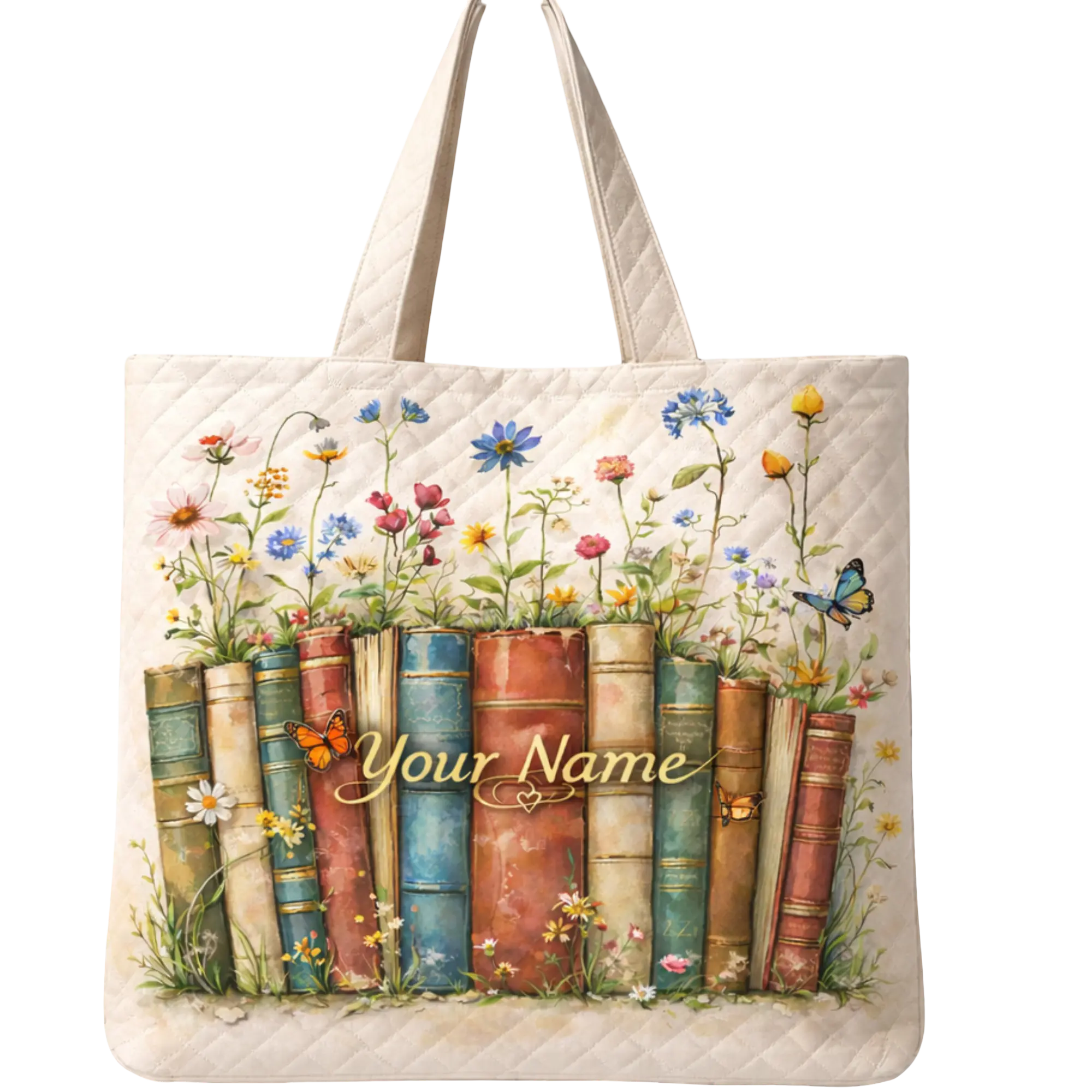 Personalized Book Lover Quilted Tote Bag - Literary Theme Everyday Tote Bag for Reading, Library, Daily Use