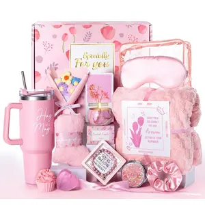 15 Pcs Get Well Soon Gift Baskets for Women, Mother's Day & Birthday Gifts for Mom, Wife, Friend, Care Package with Soft Blanket & Insulated Tumbler, Pink
