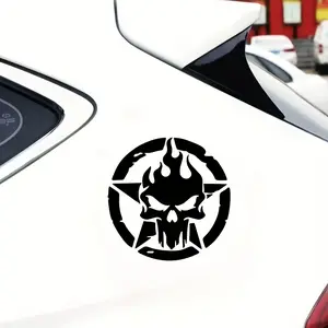 1PC Dark Hardcore Flame Skull Logo Sticker - For car bodies, backpacks, notebooks. Full of rebellious cool dark vibe, add flame skull + star + circular outline elements. A favorite decor for dark hardcore style lovers!