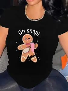 Women's "Oh Snap!" Gingerbread Man with Bottle Graphic T-Shirt, Casual Summer Sportswear, Knit Stretch Polyester Fabric, Round Neck, Cartoon Style, Adult Top