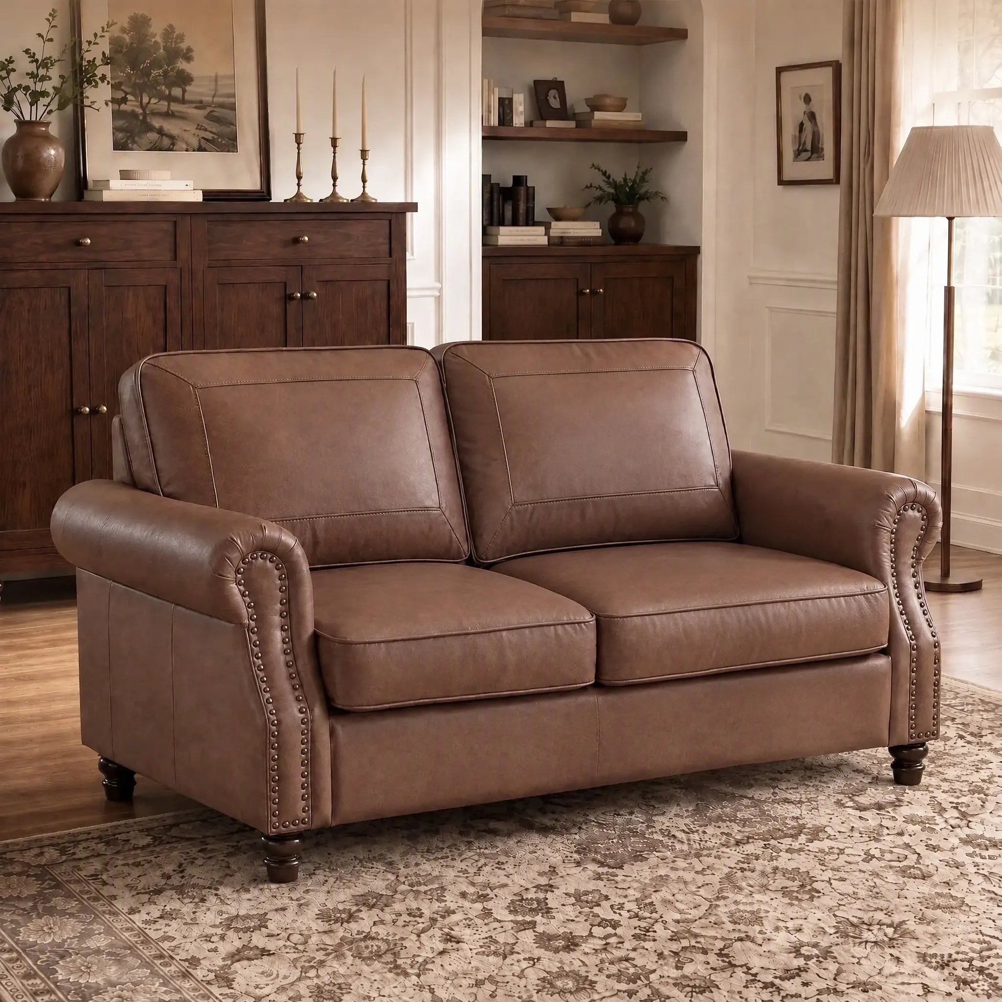 Vintage Nailhead Trim Rust Faux Leather Loveseat Sofa - Rolled Arms, Elegant Sofa Feet, 2 Seats, Vintage Home Decor, Couches for Apartment, Daily Elegance, Leather Upholstery Living Room Furniture