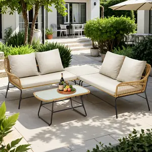 ONBRILL 4-Piece Patio Conversation Sets ,Outdoor Sectional Couch Set with Cushion and Tempered Glass Coffee Table, L-Shaped, OlefinFabric, Waterproof & UV Resistant Furniture