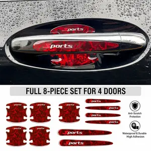 8Pcs Universal Carbon Fiber Car Door Handle Scuff Guards - Anti-Scratch Protector Film for Toyota, Honda, Ford Bronco - 3D Textured Sports Decal (Black/Red)car stuff,car decor,car decoration,car thing pegatinas protectoras