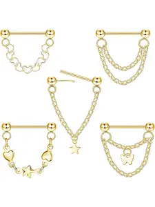 5 Pcs Golden Fashionable Chain Nose Piercing Jewelry for Women Men Durable Stainless Steel Smooth Texture Great Skin-friendly Performance for Long Time Comfortable Wearing Practical Threadless Push in Design Effortless Wearing Experience