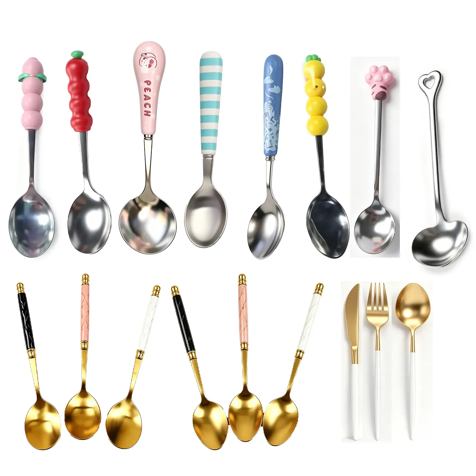 14Pcs Cute Cartoon Stainless Steel Flatware Set, Kawaii Fruit & Animal Handle Coffee Tea Demitasse Spoons, Multi‑Style Stirring Spoon for Sugar Ice Cream Cake Dessert, Home Restaurant Daily Table Silverware Kitchen Supplies