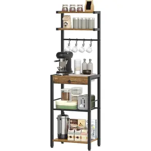 Bakers Rack, 5-Tier Coffee Bar Station, Coffee Stand with Pod Drawer Holder, Versatile Kitchen Storage Rack with 4 Hooks, for Living Room, Cafe Corner, Rustic Brown and Black KF01BRY1