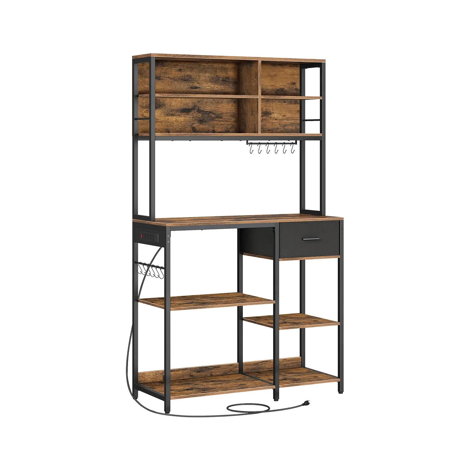 Bakers Rack with 12 Hooks Rustic Brown and Ink Black