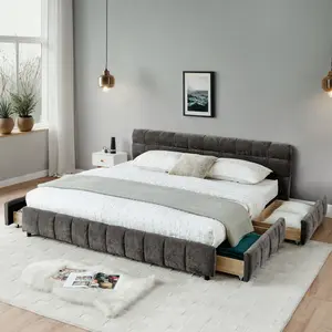 King Size Upholstered Bed Frame,comfortable upholstered bed frame, Chenille fabric, with headboard and solid bed frame. With drawer for storage.-Dark Gray(90.5''*80.5''*31'')