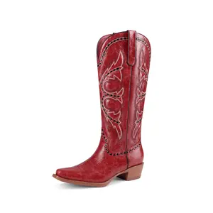 Women’s Cowboy Boots Mid Calf Wide Calf Square Toe Chunky Low Heel Woven Western Cowgirl Boots