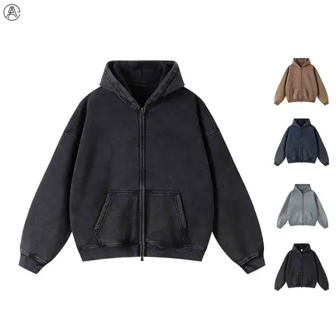 Arssm Unisex Oversized Zip-Up Hoodie – Vintage Heavyweight Cotton Fleece Sweatshirt for Distressed Streetwear & Cozy Casual Jackets