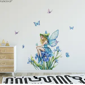 A set (30*60cm*2pcs) of watercolor-style blue iris fairy butterfly flat frosted wall stickers for home Bedroom background decoration and beautification, M21372-NC