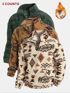 Men's Flannel Ethnic Print Hoodies Set, High Neck Half-Zip Pullover with Pockets, Warm Autumn Winter Casual Sportswear, 3 Pack