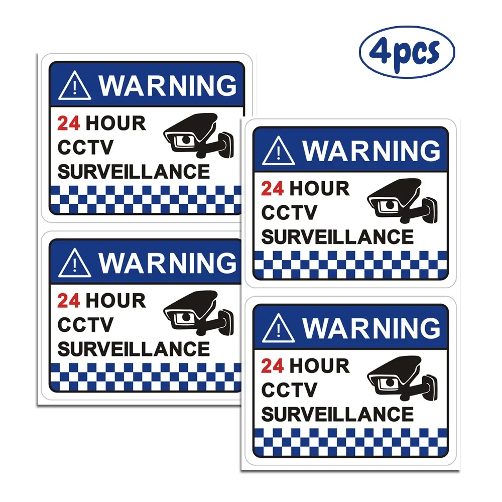 4pcs CCTV Camera Warning Stickers, 10x8 Cm PVC Security Signs, Strong Adhesive Surveillance Decals, Self Adhesive Labels for Home & Office Use Includes Labels