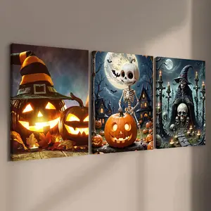 Halloween Themed Wooden Framed Canvas Painting, 3 Counts/set Skull & Pumpkin Pattern Wall Art, Halloween Decor, Wall Decor for Home Living Room Bedroom Office