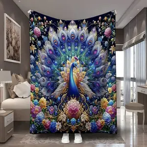 1Pc Design Gorgeous peacock Graphic Printed Flannel Blanket - 100 Polyester, Soft Sofa, Chair and Sofa Cover, Large Size Living Room, Bedroom, Picnic Decoration, Multi-Purpose Blanket, Unique Perfect Gift