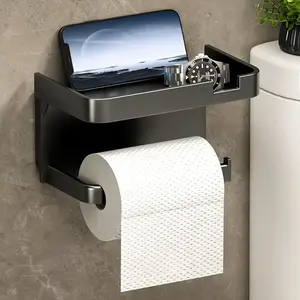 Self-Adhesive Plastic Paper Towel Holder with Perforated Drawer, Polished Surface, Dual-Purpose Bathroom Accessory for Tissues & Phone Storage, Bathroom Organizer, Toilet Paper Holder