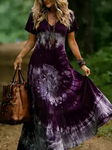 Plus Size Tie-Dye V-Neck Short-Sleeve Maxi Dress Casual Loose Fit Long Dress, Y2K Clothes Summer Daily Wear, Trendy Bohemian Dresses, Comfortable Relaxed Fit Casual Ensembles, Stylish Gradient Pattern Detail Party Casual Wear, Boho Summer Dress