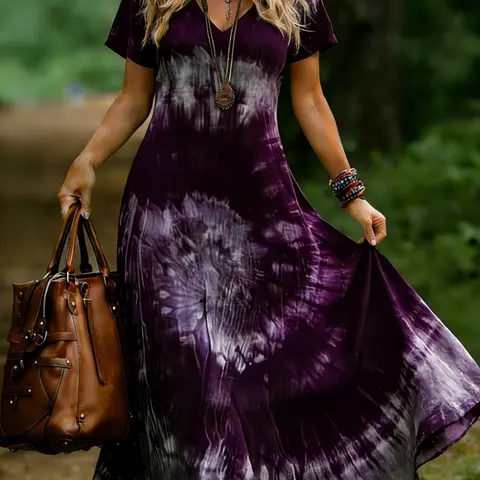 【Black Friday】Plus Size Tie-Dye Pattern V-Neck Short Sleeve Maxi Dress, Casual Summer Dress for Parties & Daily Wear, Bohemian Fashion Dress