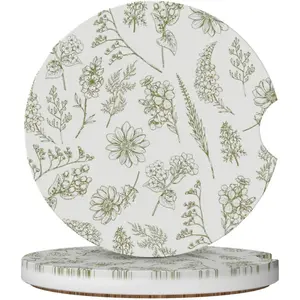 Vintage Green Flower Car Cup Coaster 2 Pack Ceramic Absorbent Car Coasters 2.56 Inch Non-Slip Car Cup Holder Interior Car Accessories for Women Girls Cup Mats with Cork Base and Finger Notch