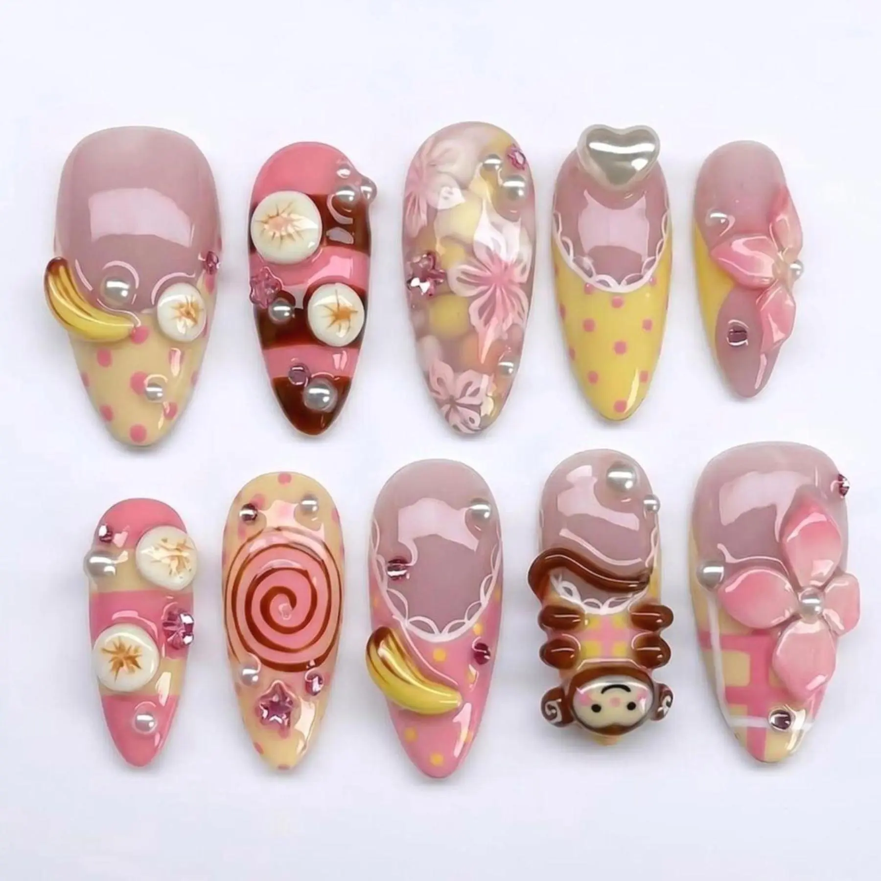 Cute Kawaii Press On Nails Handmade, 3D Monkey, Banana Candy, Pink Bow and Floral Jelly Design, Glossy Reusable Gel Fake Nails, Sweet Dessert Aesthetic Style