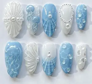 3D Jellyfish Seashell Long Almond Press On Nails – Ocean Blue Elegance, Beach-Inspired Summer Nail Art for Vacation Holidays Satamiis