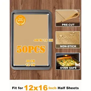 100/50 sheets of 12x16 inch, pre-cut baking paper - non-stick oil-resistant multi-purpose kitchen baking paper, thickened material, suitable for baking, frying and food preparation