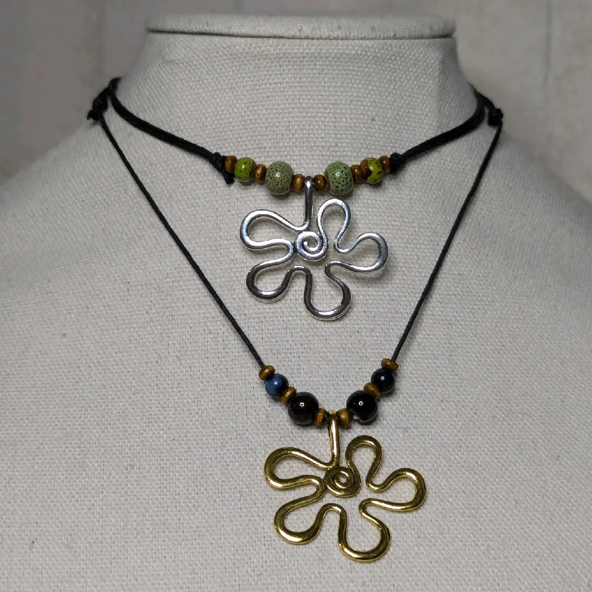 Wavy Flower Charm Ceramic Beaded Silver or Gold Boho Hippie Whimsical Adjustable Black Rope Cord Choker Stacking Necklace jewelry