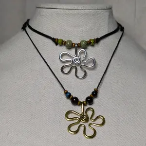 Wavy Flower Charm Ceramic Beaded Silver or Gold Boho Hippie Whimsical Adjustable Black Rope Cord Choker Stacking Necklace jewelry