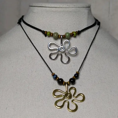 Wavy Flower Charm Ceramic Beaded Silver or Gold Boho Hippie Whimsical Adjustable Black Rope Cord Choker Stacking Necklace jewelry