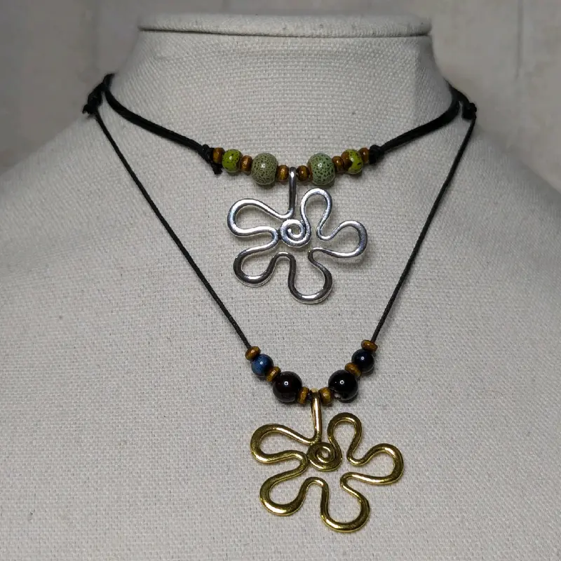 Wavy Flower Charm Ceramic Beaded Silver or Gold Boho Hippie Whimsical Adjustable Black Rope Cord Choker Stacking Necklace jewelry