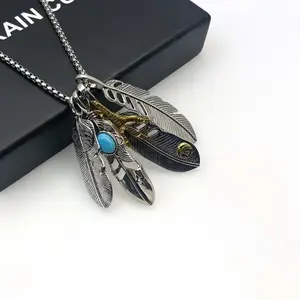 Men's Lucky Feather Pendant Necklace - Stainless Steel with Turquoise Resin Accents, Bohemian Street Style Party Accessory, Vibrant Orange & Yellow Feather Design, Funky Necklace