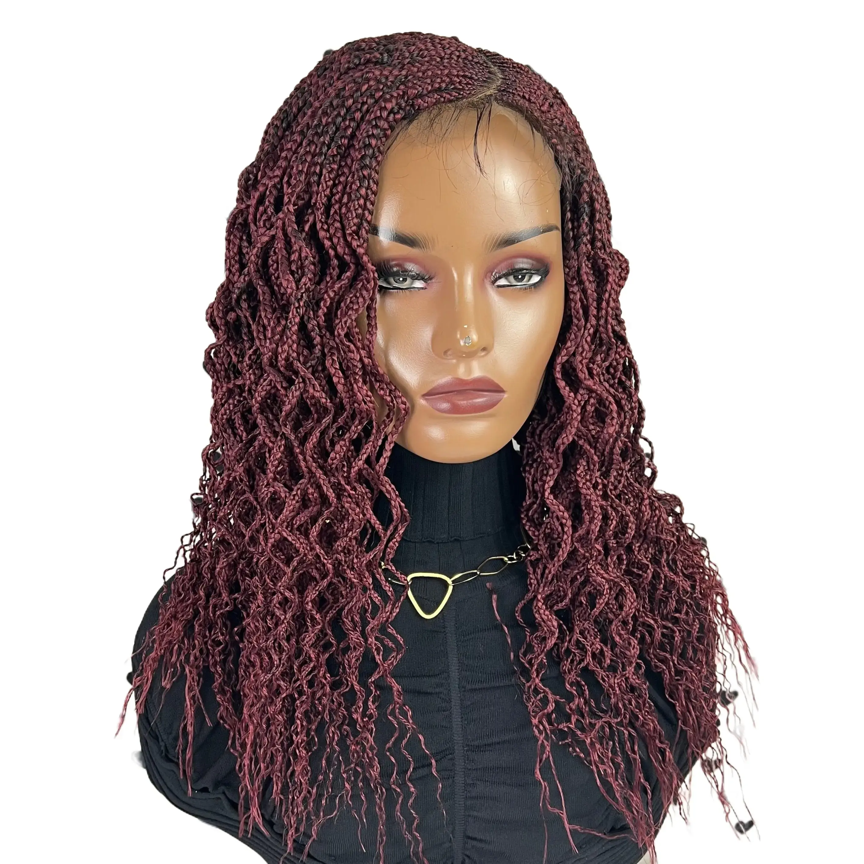 Cornrows Wavy Curly Box Braided Wigs For Black Women Lace Closure Wig Goddess Boho Braid Burgundy Red 16 Inches