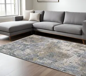 HomeRoots 574770 Rectangular Area Rugs - 10x13 ft. Abstract Distressed Fringed Beige & Blue Rectangle Area Rug