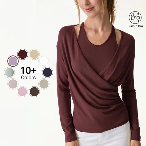 OGL Fall 2 Piece Set - Cami with Removable Pads & Surplice Ruched Crossover Top. Slimming, soft & comfortable, long sleeve matching sets for women. Multiple colors, fall winter womenswear, casual elegant outfit.  Matching Sets For Women Fall Deals For You