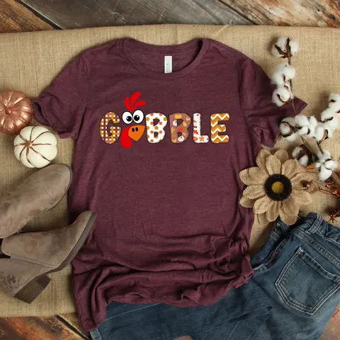 Women's Vintage Plus Size Casual Cotton Knit Solid Style Thanksgiving T-shirt - Funny Gobble Gobble Fall Pumpkin Jersey, Thankful Dinner Top, Machine Washable Comfortable Tee