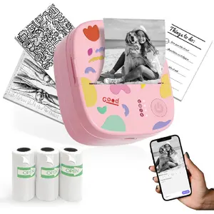 Mini sticker printer, mini thermal printer comes with 3 rolls of paper, Bluetooth inkless printer, portable label maker, suitable for creative children's DIY, ideal for diaries, photos, and study notes - light pink