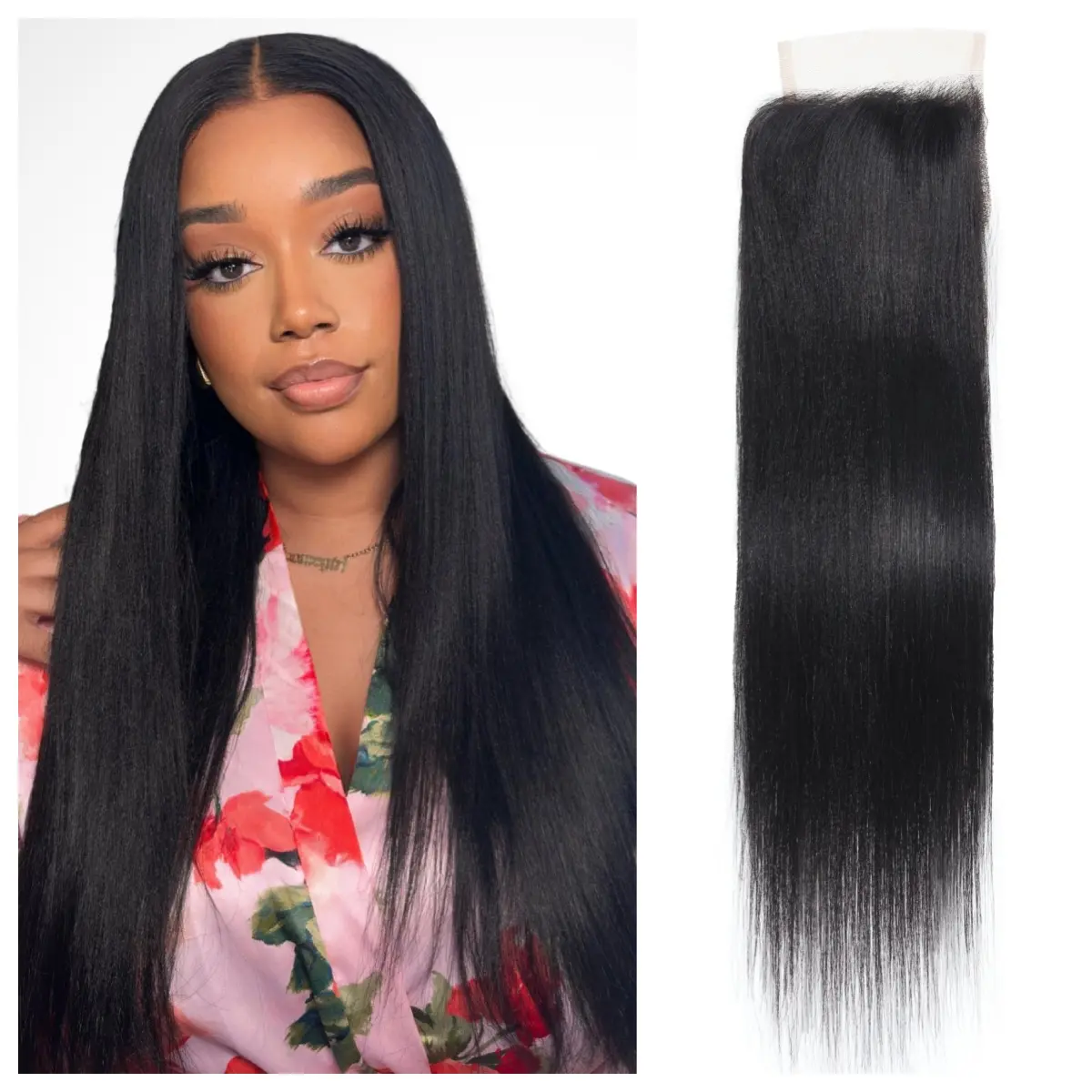 UNICE Yaki Straight Lace Closure Human Hair Extension, 4x4 Free Parting with Transparent Lace, Natural Color, Lace Frontal Closure