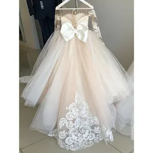 (New)Girls' 9/16 Sleeve Puff Sleeve Princess Dress with Big Bow, Elegant Long Tulle Wedding Dress for, 12 & Under, A-Line Silhouette,, Dry Clean Only, Perfect for Performances & Special Occasions