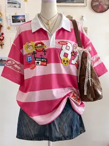 Y2K Aesthetic Letter Print Women Polo Neck Short Sleeve Summer Slimming Fitted Casual Sporty Tee