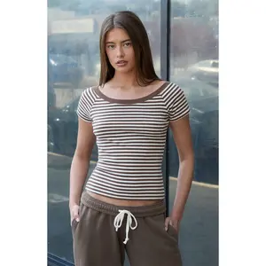 John Galt Women's Brown & White Striped Ginny Off-The-Shoulder Top