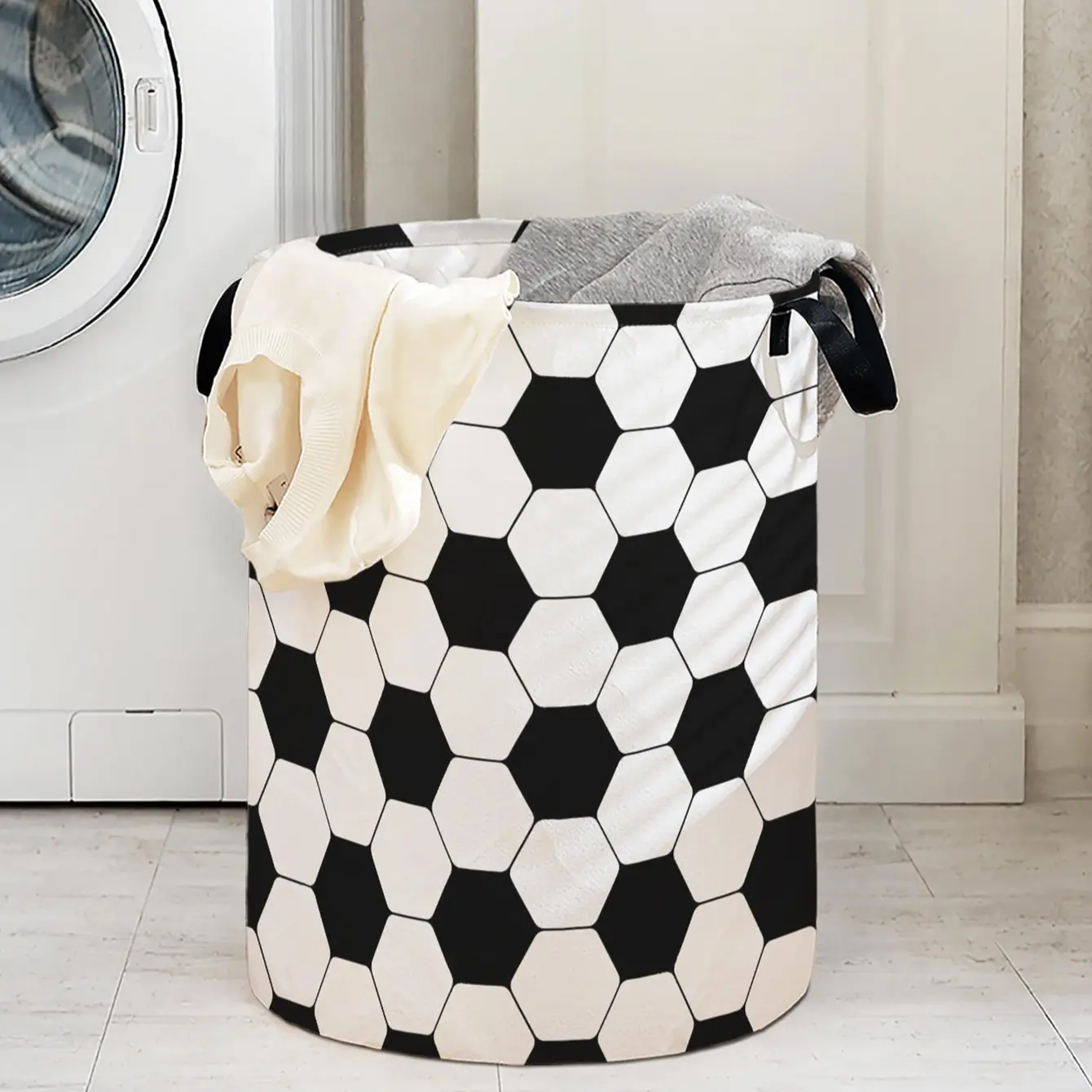 Halloween Football Print Portable Folding Laundry Basket with Handle, Collapsible Laundry Hamper, Durable Foldable Dirty Clothes Storage Bin, Large Capacity Toy Organizer