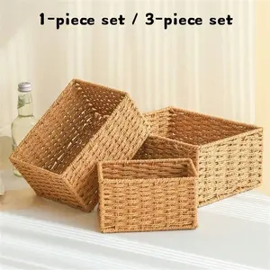 1/3-piece handwoven storage basket set, rectangular rope braided organizer box, rustic-style decorative basket, suitable for home, bathroom and pantry storage.