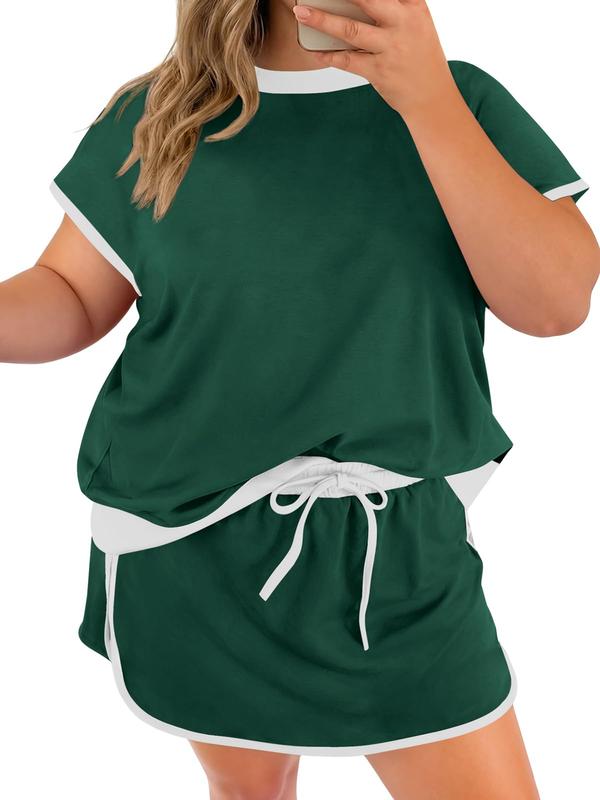 TANKANEO Women's Plus-Size 2-Piece Polyester Shorts Set, Lightweight Short-Sleeve Color Block Shirt & Adjustable Skort, Comfortable Fit Casual Matching Set