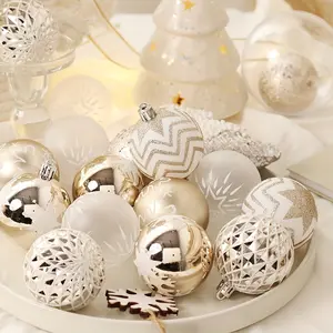 16 Christmas decorations in champagne gold and white, including Christmas ball ornaments, tree hangings, and party props for home use, Party Decoration Supplies
